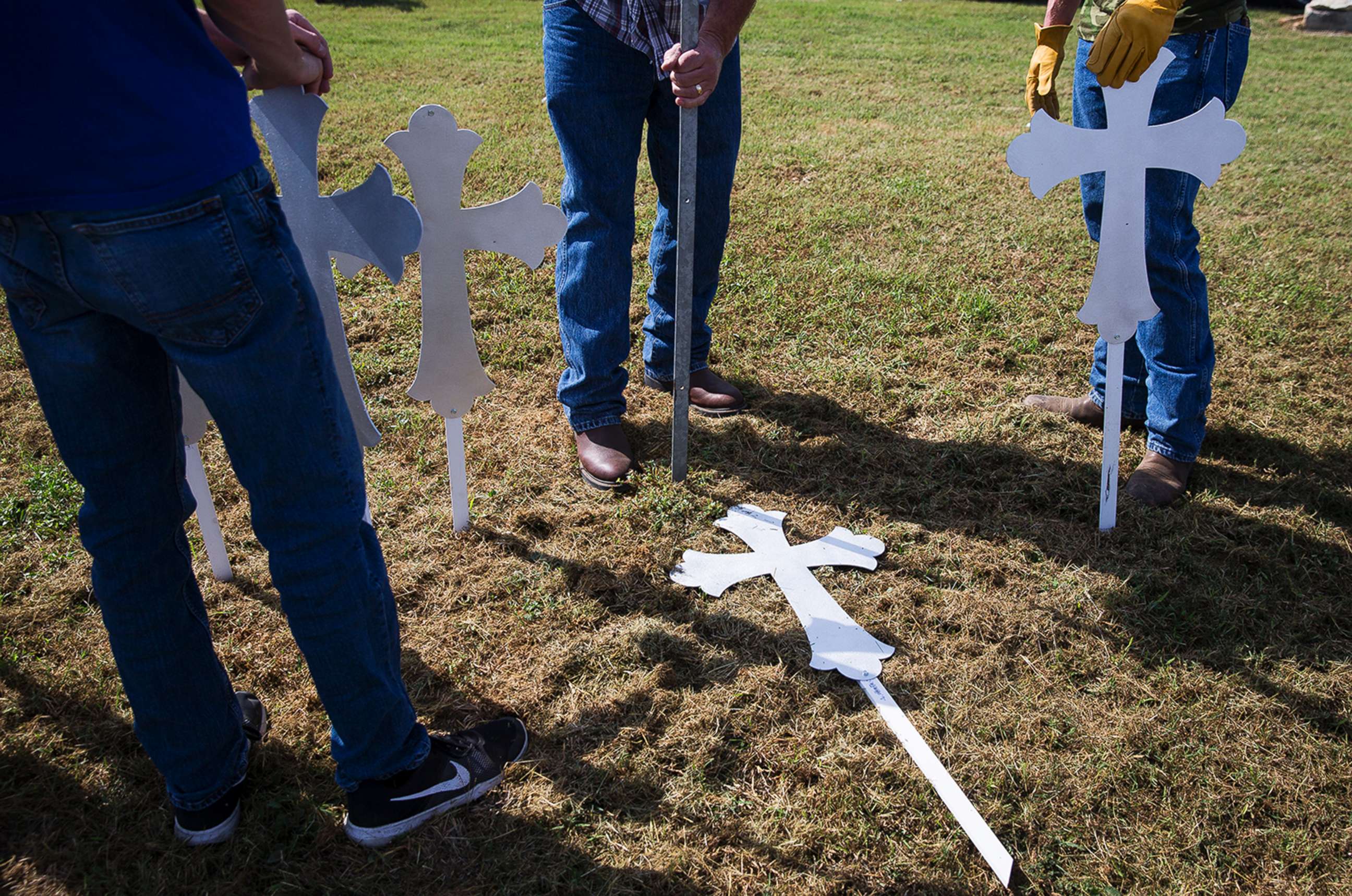 PHOTO: Crosses are erected, Nov. 6, 2017, in memory of the 26 people killed at the Sutherland Springs First Baptist Church. in Sutherland Springs, Texas.