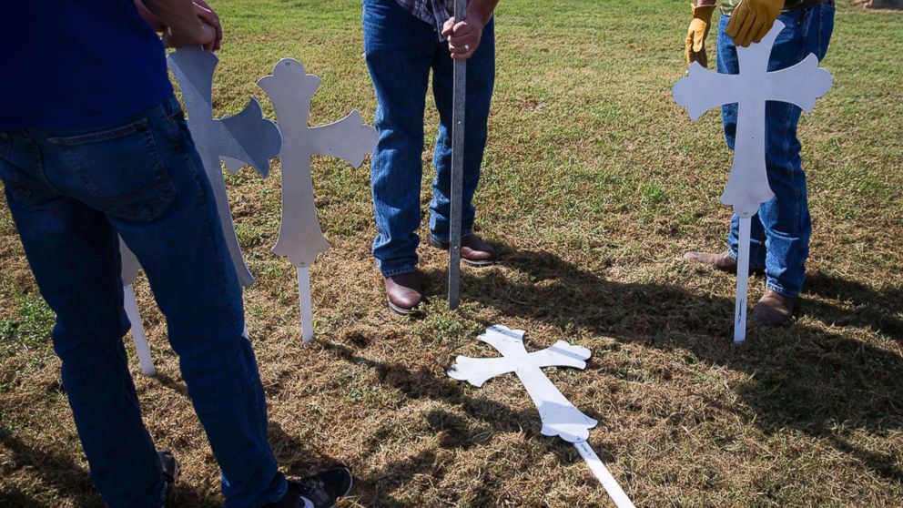 PHOTO: Crosses are erected, Nov. 6, 2017, in memory of the 26 people killed at the Sutherland Springs First Baptist Church. in Sutherland Springs, Texas.