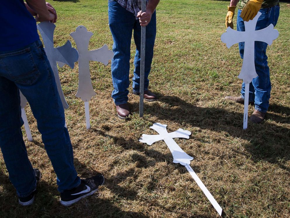 PHOTO: Crosses are erected, Nov. 6, 2017, in memory of the 26 people killed at the Sutherland Springs First Baptist Church. in Sutherland Springs, Texas.