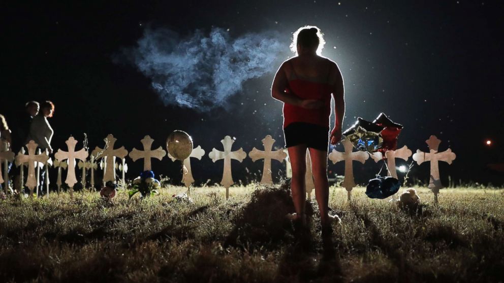PHOTO: Twenty-six crosses stand in a field on the edge of town to honor the victims killed at the First Baptist Church of Sutherland Springs, Nov. 6, 2017 in Sutherland Springs, Texas. 