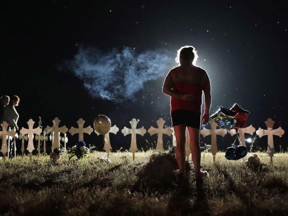PHOTO: Twenty-six crosses stand in a field on the edge of town to honor the victims killed at the First Baptist Church of Sutherland Springs, Nov. 6, 2017 in Sutherland Springs, Texas.