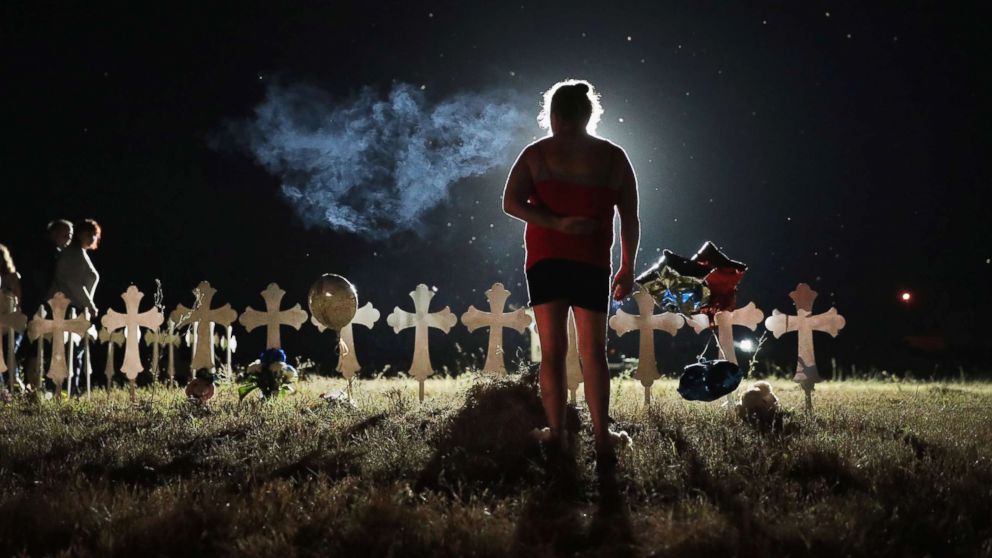 Twenty-six crosses stand in a field on the edge of town to honor the victims killed at the First Baptist Church of Sutherland Springs, Nov. 6, 2017, in Sutherland Springs, Texas.