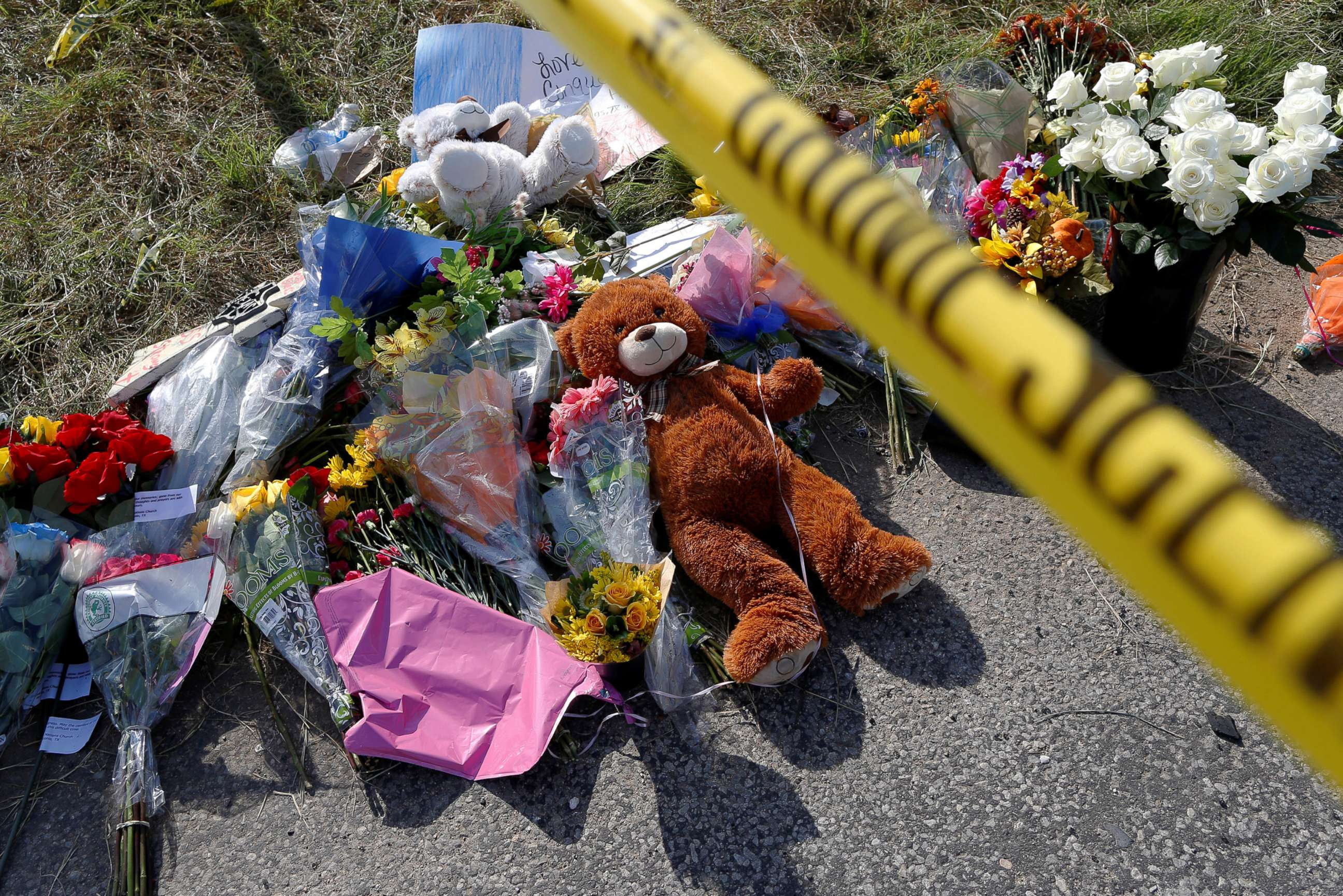 PHOTO: Flowers and stuffed animals placed near the site of the shooting at the First Baptist Church of Sutherland Springs, Texas, Nov. 7, 2017. 