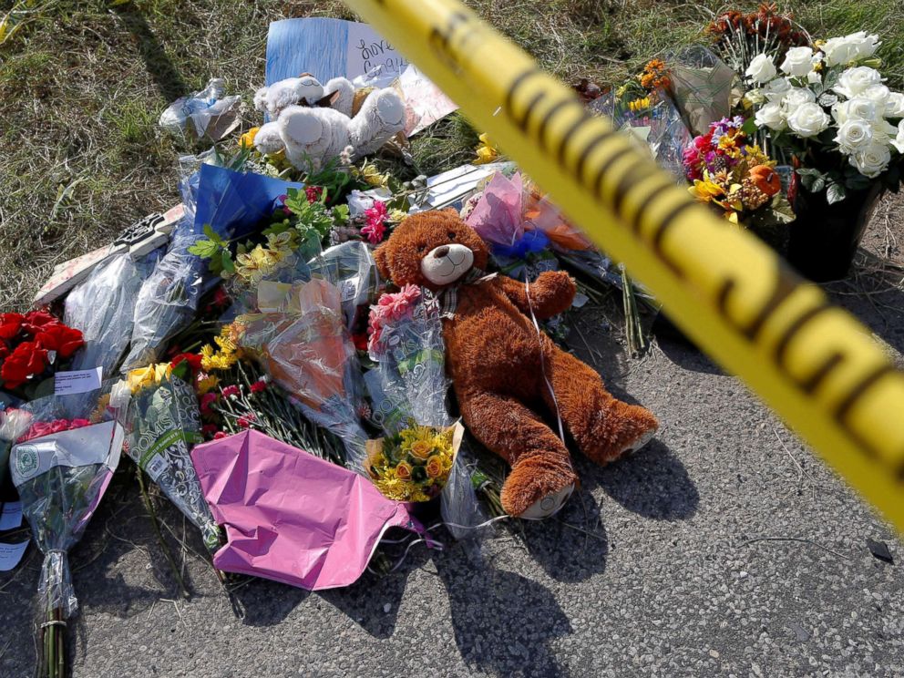 PHOTO: Flowers and stuffed animals placed near the site of the shooting at the First Baptist Church of Sutherland Springs, Texas, Nov. 7, 2017.