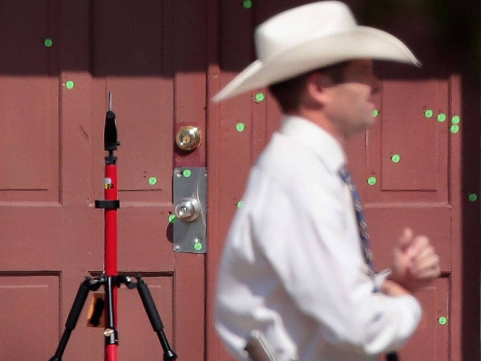 PHOTO: Bullet holes scar the front door of the First Baptist Church of Sutherland Springs on Nov. 7, 2017 in Sutherland Springs, Texas.
