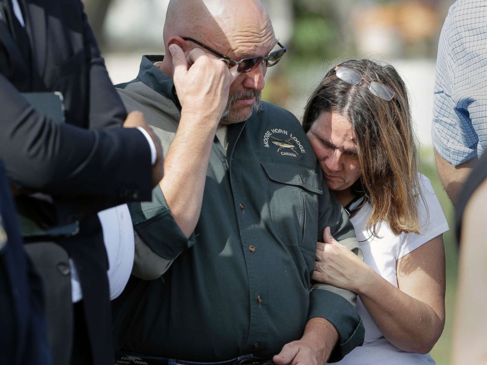 PHOTO: Pastor Frank Pomeroy and his wife Sherri join a news conference near the First Baptist Church of Sutherland Springs, Nov. 6, 2017, in Sutherland Springs, Texas. Their daughter, Annabelle, 14, was killed in the shooting.