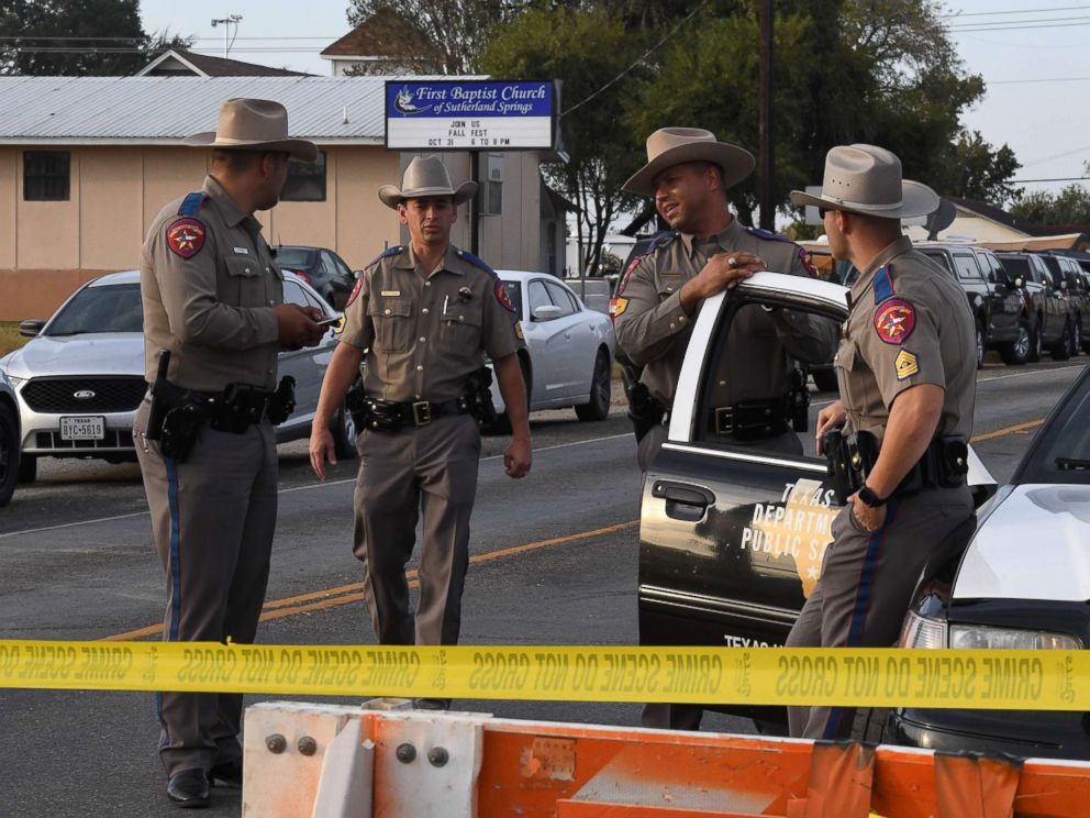 PHOTO: State troopers guard the entrance to the First Baptist Church after a mass shooting that killed 26 people in Sutherland Springs, Texas, Nov. 6, 2017.