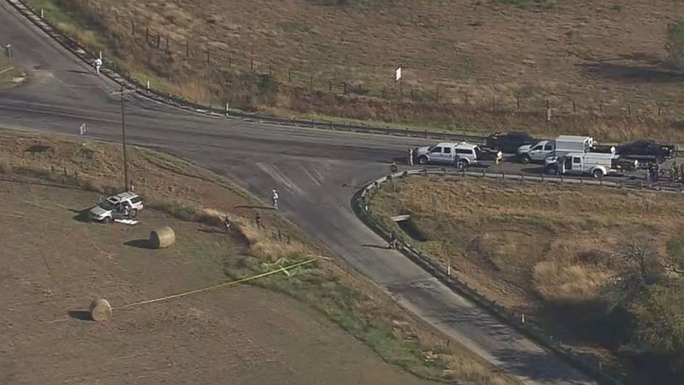 PHOTO: Police vehicles gather at the scene of the SUV where the suspected shooter who opened fire at First Baptist Church of Sutherland Springs, Texas, drove off the road and was found dead on Nov. 5, 2017. 