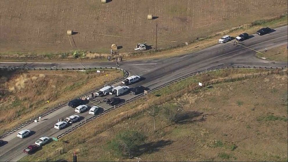 PHOTO: Police vehicles gather at the scene of the SUV where the suspected shooter who opened fire at First Baptist Church of Sutherland Springs, Texas, drove off the road and was found dead on Nov. 5, 2017. 