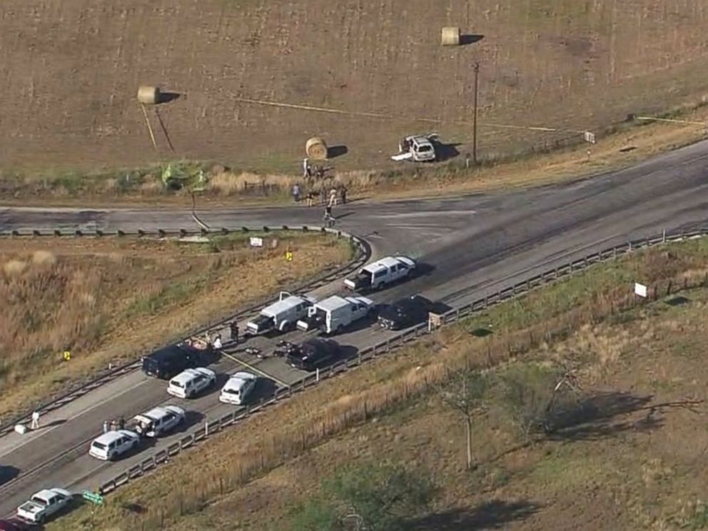 PHOTO: Police vehicles gather at the scene of the SUV where the suspected shooter who opened fire at First Baptist Church of Sutherland Springs, Texas, drove off the road and was found dead on Nov. 5, 2017.