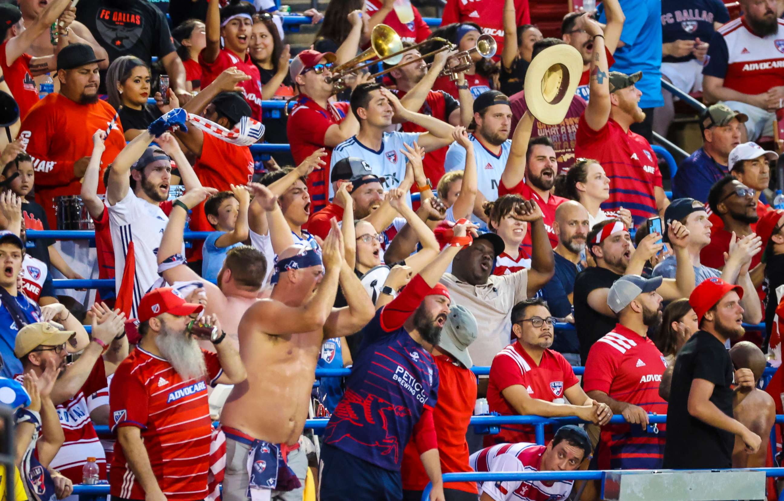 PHOTO: FC Dallas fans cheer during the first half against Austin FC at Toyota Stadium on Aug. 7, 2021, in Frisco, Texas.