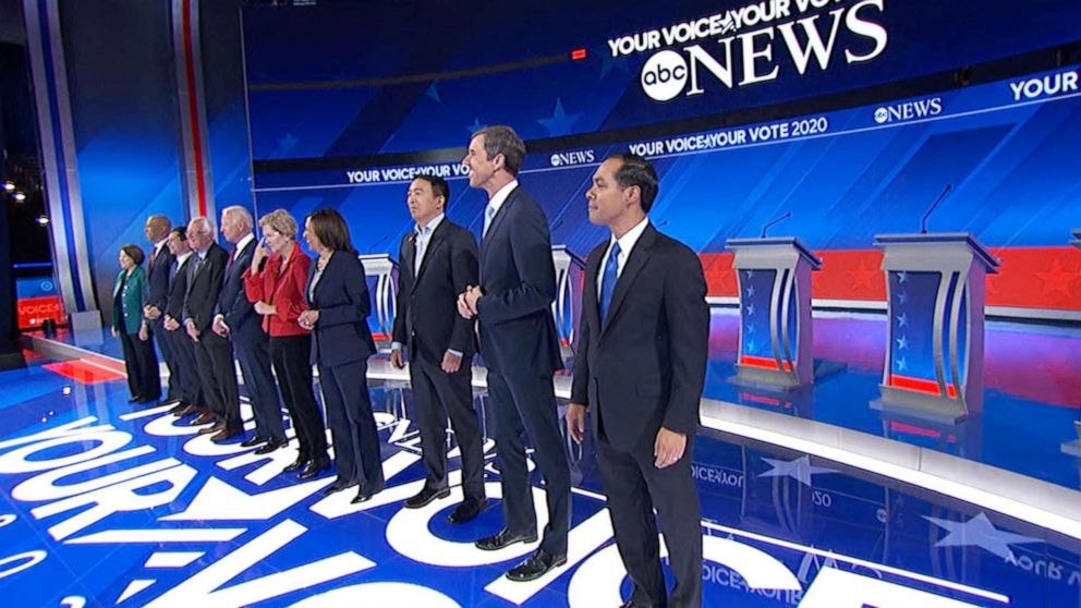 PHOTO: Democratic presidential candidates stand on stage for the third debate of the 2020 Presidential Campaign season in Houston, Sept. 12, 2019.