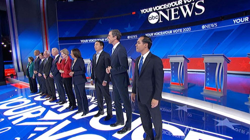 PHOTO: Democratic presidential candidates stand on stage for the third debate of the 2020 Presidential Campaign season in Houston, Sept. 12, 2019.