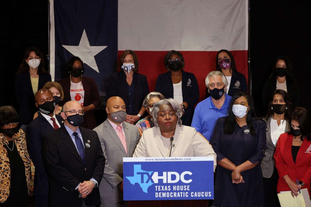 PHOTO: Democratic Texas state representatives speak at a press conference on Texas Gov. Greg Abbott and the group's meetings with federal lawmakers on voting rights, on July 20, 2021, in Washington, D.C.