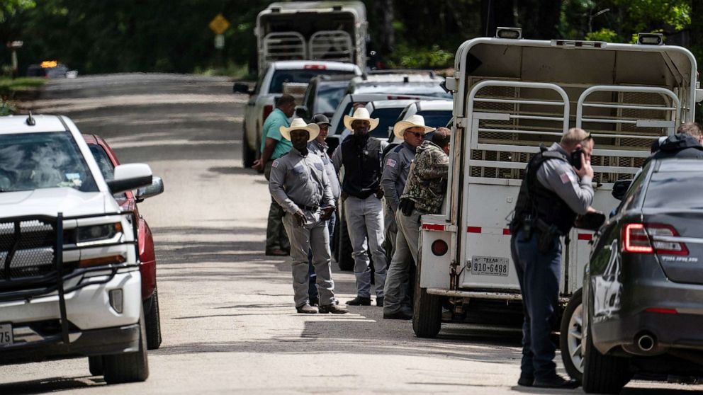 PHOTO: Law enforcement are searching for the suspect a few miles from the scene where five people, including an 8-year-old child, were killed after a shooting at a home April 29, 2023 in Cleveland, Texas.