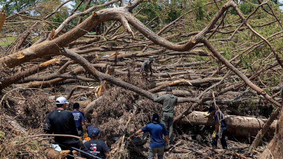 PHOTO: Search and rescue team members look for missing people amid fallen trees by the Guadalupe River, in Hunt, Texas, July 9, 2025.