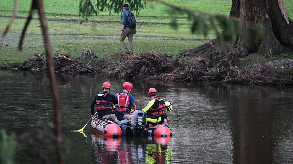 PHOTO: A search and rescue team looks for people along the Guadalupe River near Camp Mystic in Hunt, Texas, July 7, 2025.
