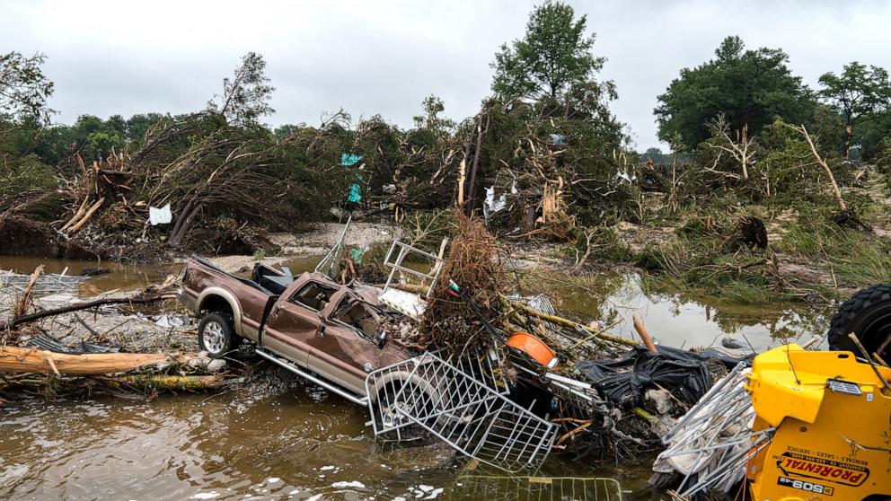 PHOTO: Flood waters left debris including vehicles and equipment scattered in Louise Hays Park on July 5, 2025, in Kerrville, Texas.