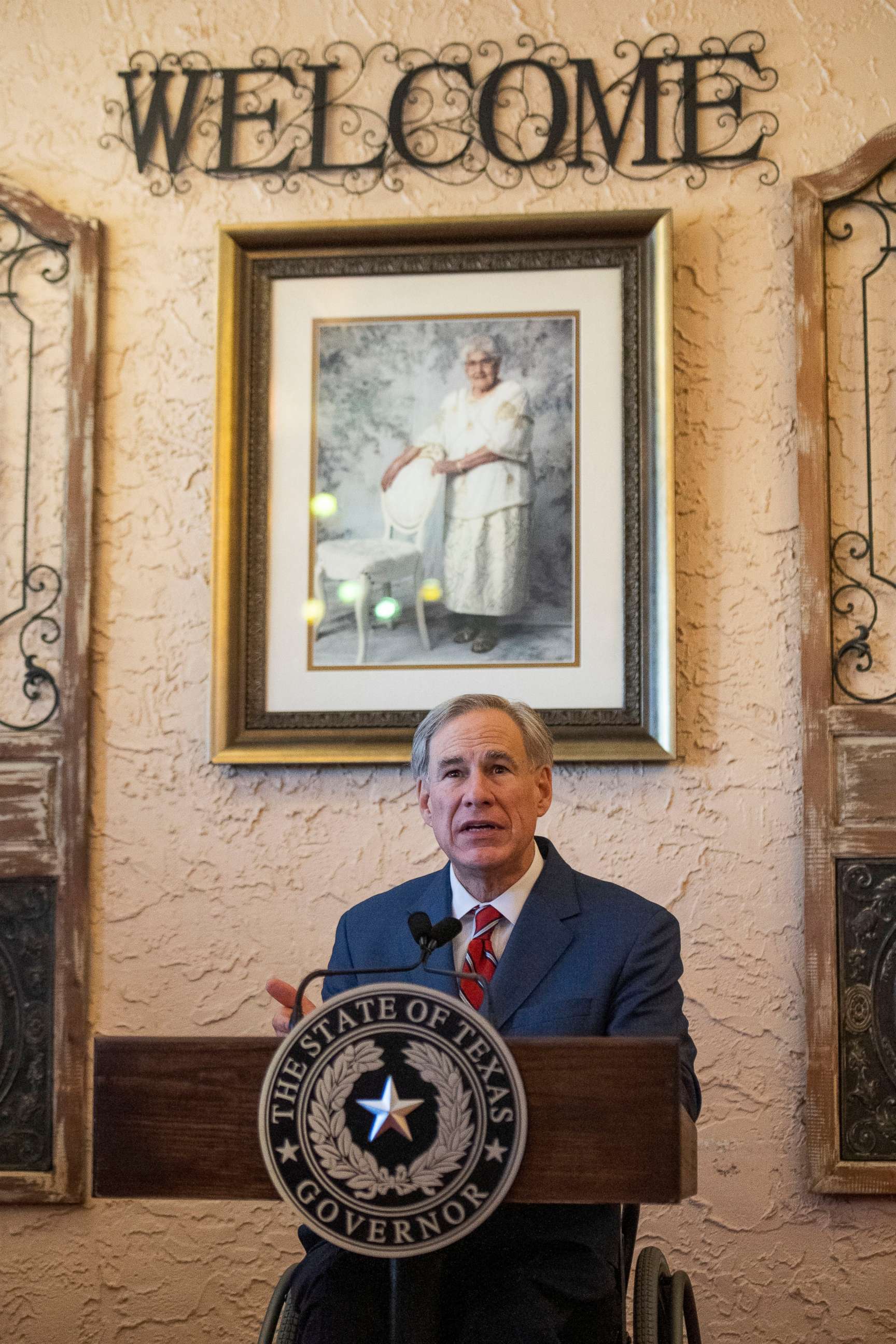 PHOTO: Texas Governor Greg Abbott delivers an announcement in Montelongo's Mexican Restaurant, March 2, 2021, in Lubbock, Texas.