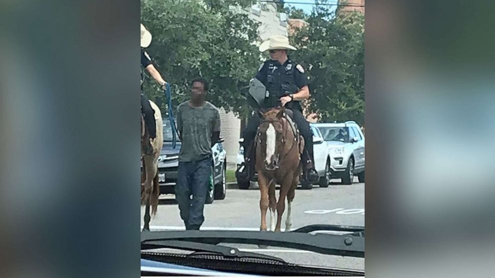 PHOTO: This photo of mounted police officers arresting Donald Neely in Galveston, Texas, on Aug. 3, 2019, caused an uproar in the community after it was posted to Facebook, prompting the Galveston Police Department to release an apology for the incident.