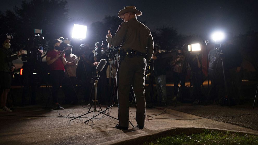 PHOTO: Texas Department of Public Safety spokesperson Lt. Craig Cummings speaks to members of the media outside of the hospital where people wounded during a shooting at Kent Moore Cabinets are being treated, April 8, 2021 in Bryan, Texas.