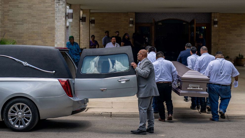 PHOTO: The casket of Amerie Jo Garza, 10, is carried into her funeral service in Uvalde, Texas, May 31, 2022.