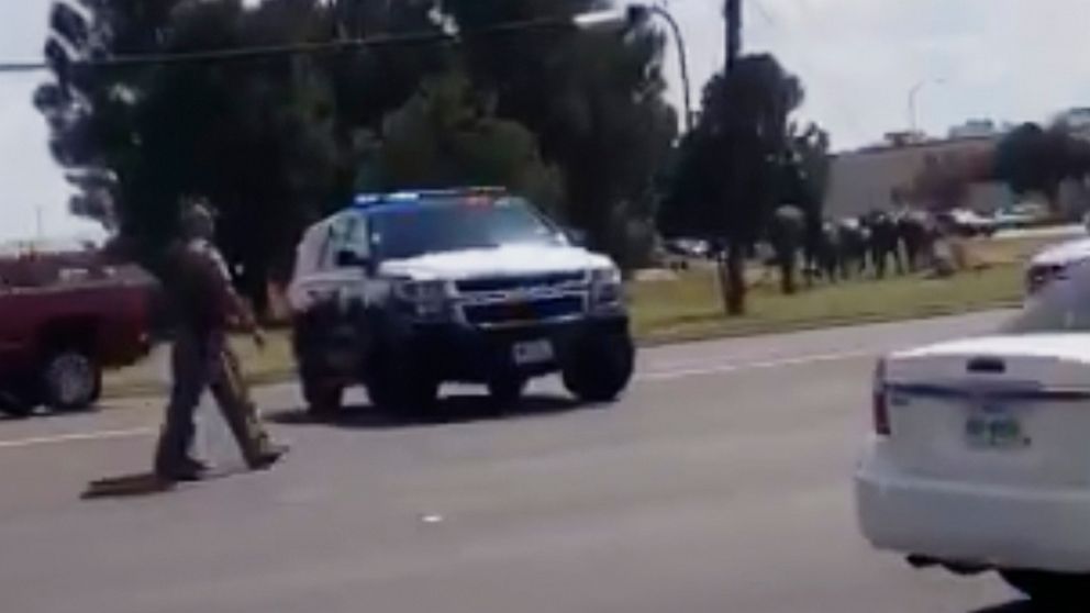 PHOTO: In this image made from video provided by Dustin Fawcett, police officers guard on a street in Odessa, Texas, Saturday, Aug. 31, 2019.