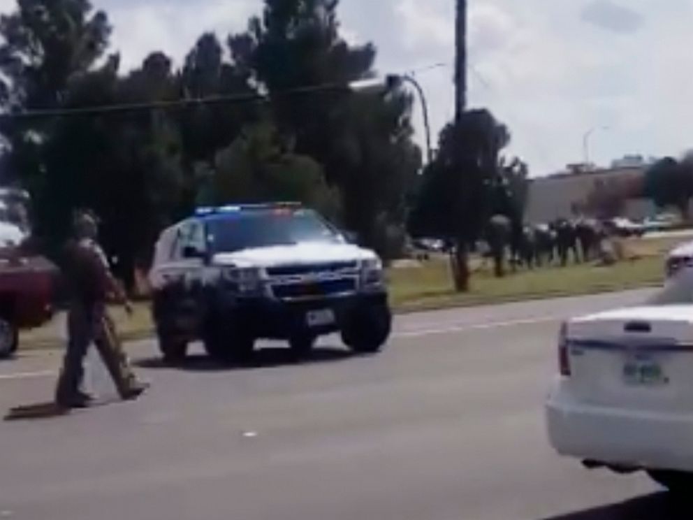 PHOTO: In this image made from video provided by Dustin Fawcett, police officers guard on a street in Odessa, Texas, Saturday, Aug. 31, 2019.