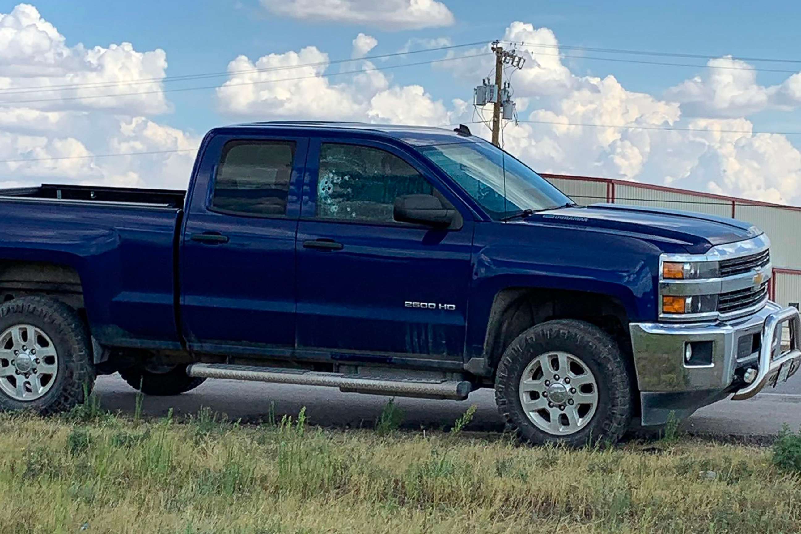 PHOTO: This handout image taken on Aug. 31, 2019, shows a car with bullet holes in the window after a gunman opened fire on the I-20 highway in between Odessa and Midland, Texas.