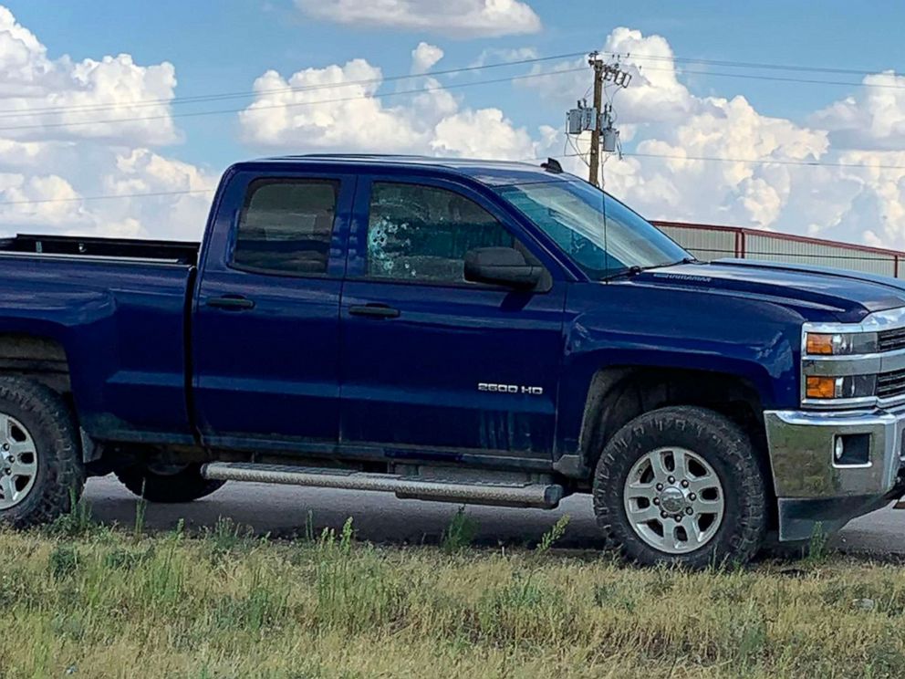 PHOTO: This handout image taken on Aug. 31, 2019, shows a car with bullet holes in the window after a gunman opened fire on the I-20 highway in between Odessa and Midland, Texas.