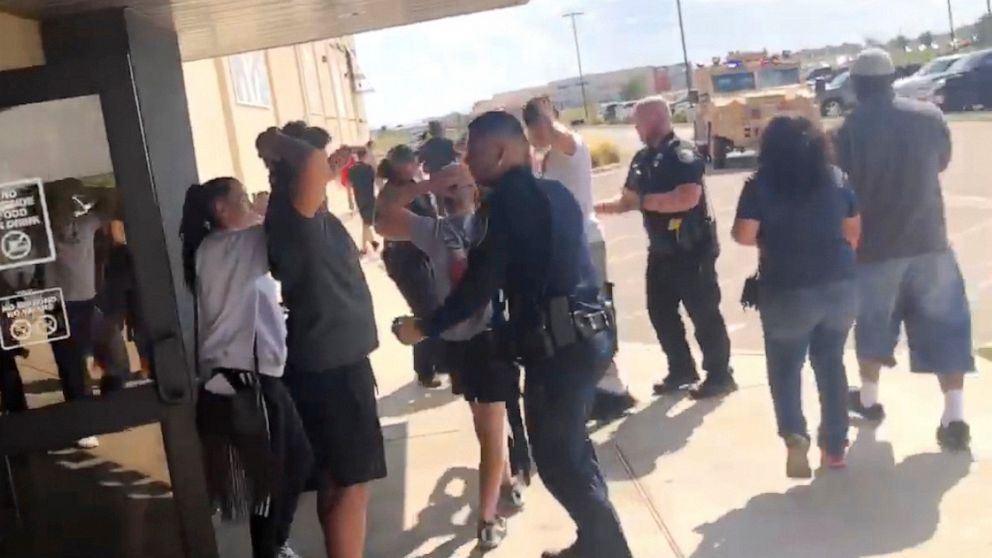 PHOTO: People are evacuated from Cinergy Odessa cinema following a shooting in Odessa, Texas, in this still image taken from video posted to social media, Aug. 31, 2019.