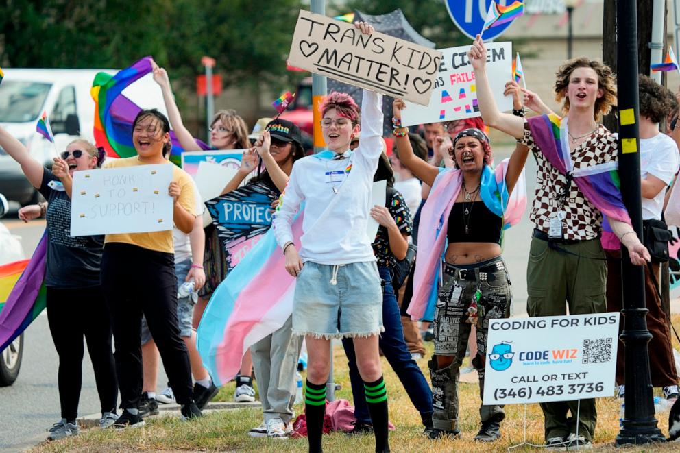 PHOTO: In this Aug. 30, 2023, file photo, students protest against Katy ISD's new transgender policy outside the school district's educational support complex, in Katy, Texas.