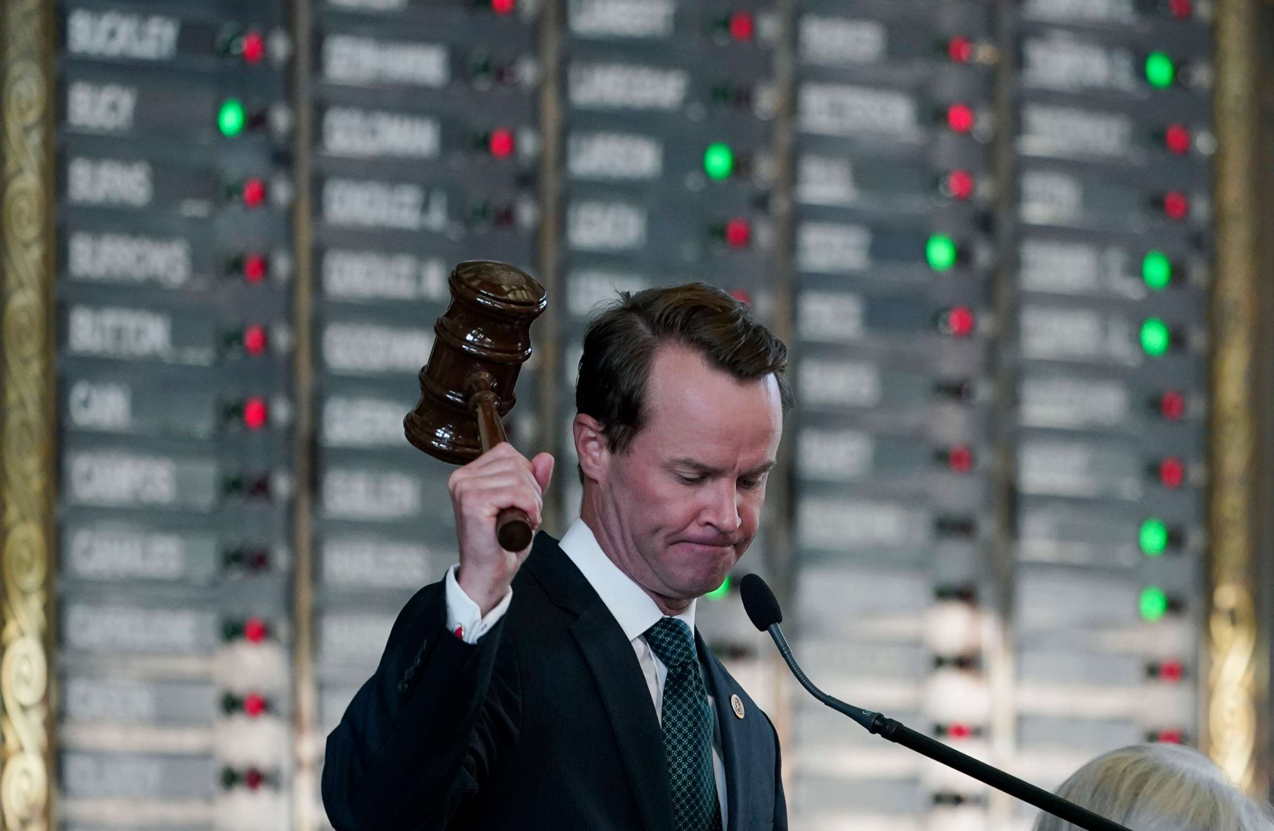 PHOTO: Speaker of the House Dade Phelan, strikes his gavel as the House votes on an amendment to election bill SB1, Aug. 26, 2021, in Austin, Texas. 
