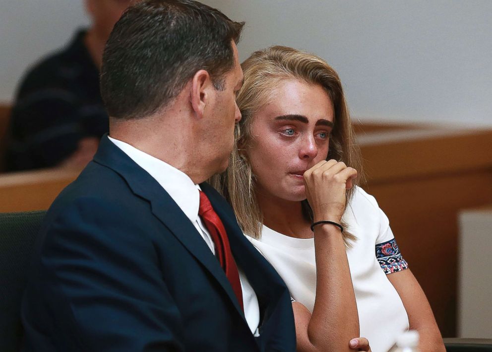 PHOTO: Michelle Carter awaits her sentencing in a courtroom in Taunton, Mass., Aug. 3, 2017, for involuntary manslaughter for encouraging Conrad Roy III to kill himself in July 2014.