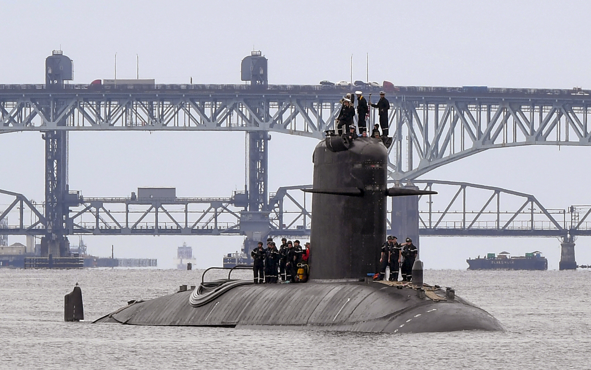PHOTO: In this photo provided by the U.S. Navy, French submarine FNS Amethyste (S605) transits the Thames River in preparation to arrive at Naval Submarine Base New London in Groton, Conn., Sept. 1, 2021.