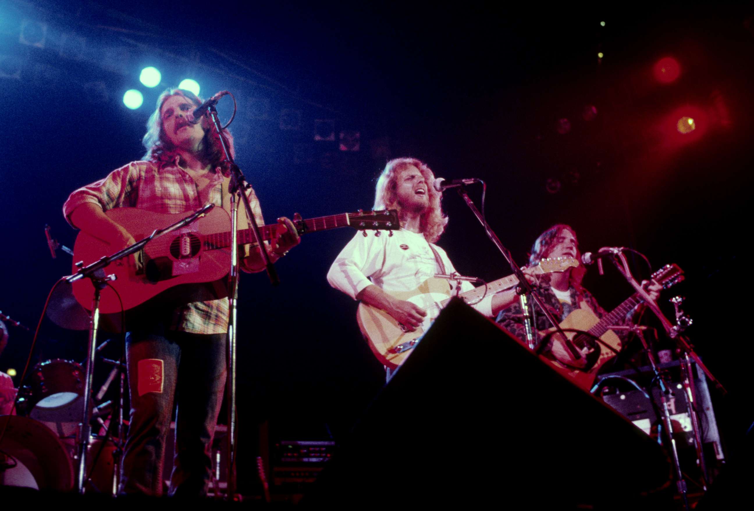 PHOTO: Glenn Frey, Don Felder and Joe Walsh of The Eagles perform live onstage during the Hotel California tour.