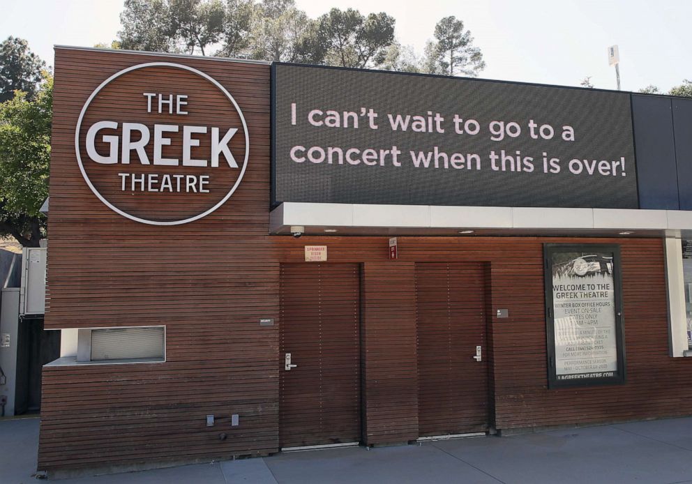 PHOTO: A sign at the Greek Theatre reads "I can't wait to go to a concert when this is over," on May 17, 2020 in Los Angeles.