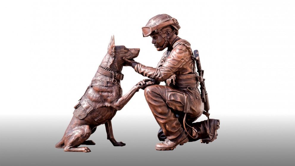 PHOTO: This undated photo provided by Bahary Studios shows a sculpture called "The Pledge." The new sculpture honoring military women and military working dogs is being unveiled outside Arlington National Cemetery.