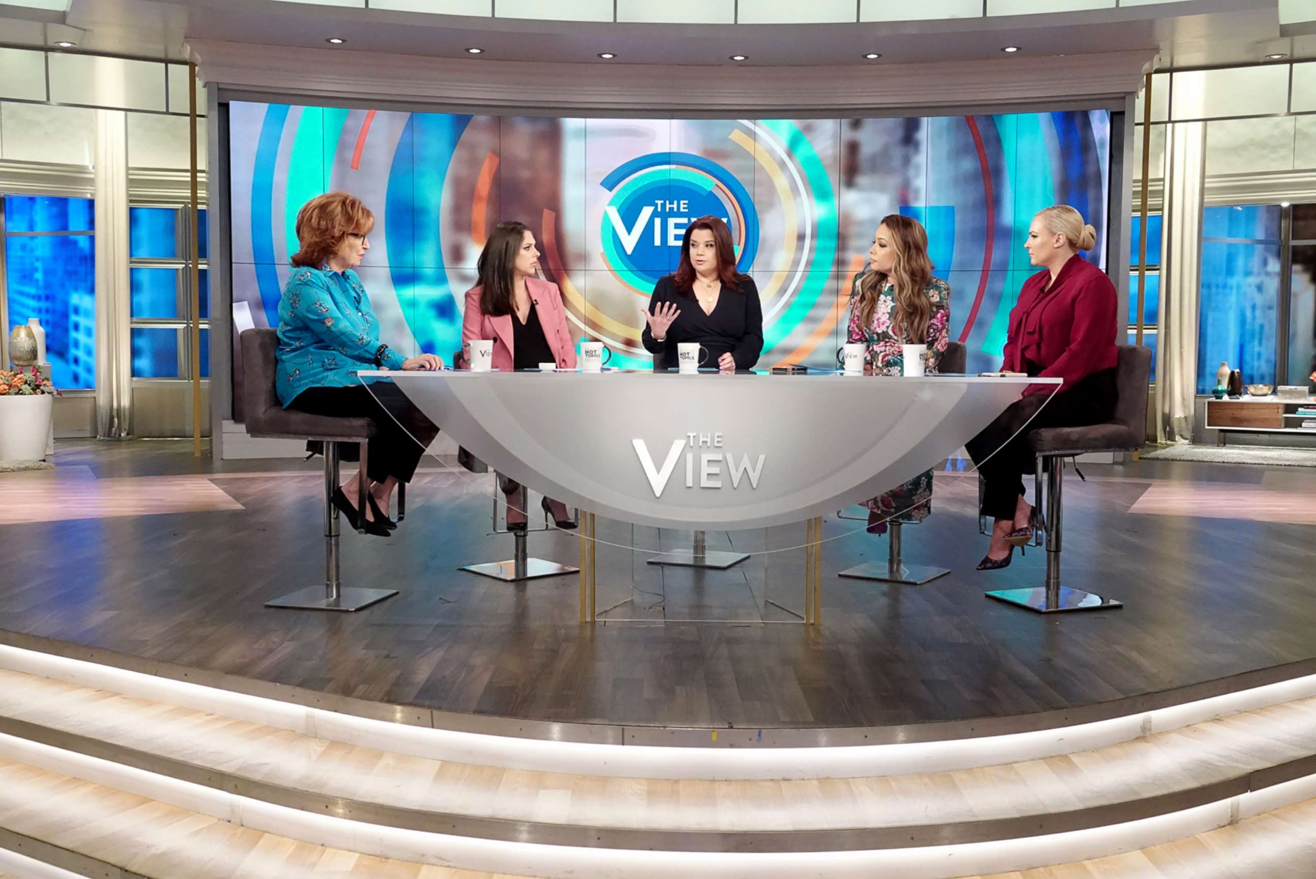 PHOTO: "The View" co-hosts Joy Behar, Abby Huntsman, Ana Navarro, Sunny Hostin, and Meghan McCain discuss Facebook's ban of extremist leaders on Friday, May 3, 2019. 