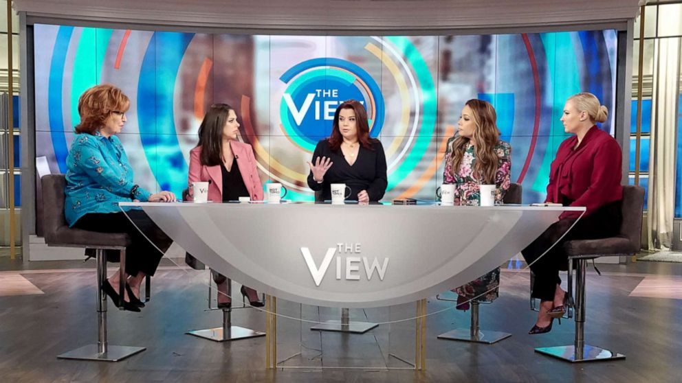 PHOTO: "The View" co-hosts Joy Behar, Abby Huntsman, Ana Navarro, Sunny Hostin, and Meghan McCain discuss Facebook's ban of extremist leaders on Friday, May 3, 2019. 