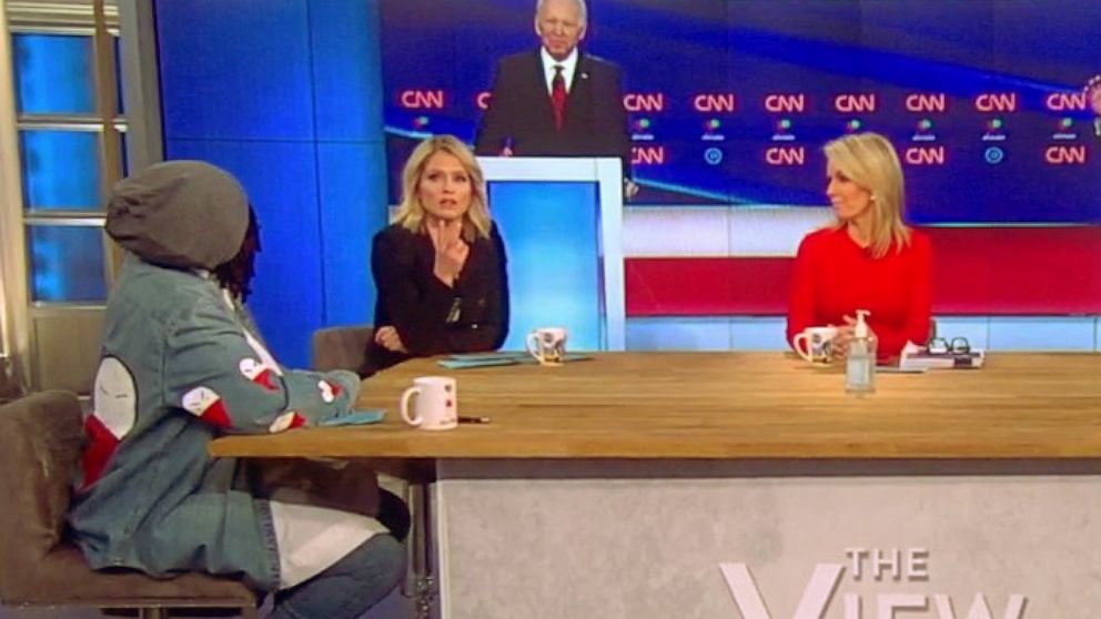 PHOTO: "The View" co-hosts Whoopi Goldberg, Sunny Hostin, Meghan McCain, and guest co-hosts Sara Haines and Dr. Jennifer Ashton discuss Sunday's debate on Monday, Mar. 16, 2020.