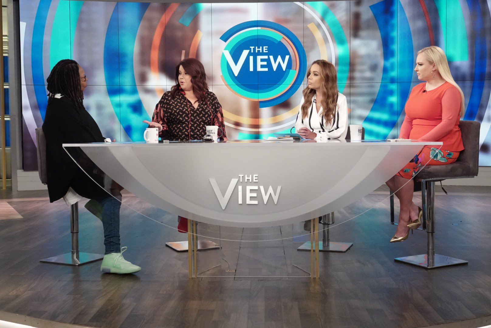 PHOTO: "The View" co-hosts Whoopi Goldberg, Ana Navarro, Sunny Hostin, and Meghan McCain on Monday, June 10, 2019, discussing the possible backlash Biden could receive after reversing his stance on the Hyde Amendment.