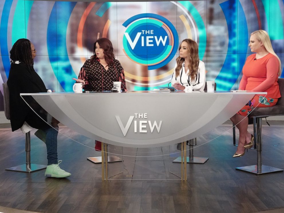 PHOTO: The View co-hosts Whoopi Goldberg, Ana Navarro, Sunny Hostin, and Meghan McCain on Monday, June 10, 2019, discussing the possible backlash Biden could receive after reversing his stance on the Hyde Amendment.