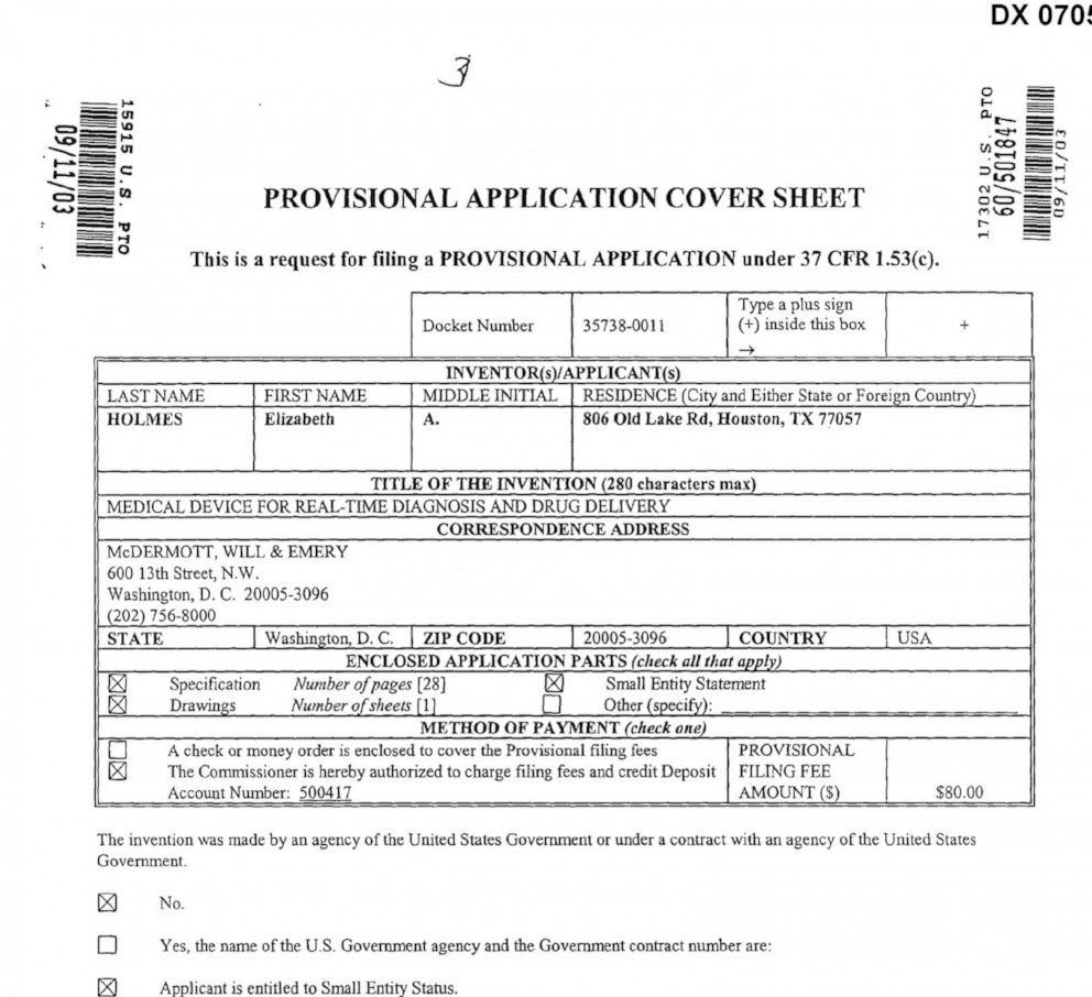 PHOTO: Elizabeth Holmes' first patent for a pill or a patch, which she envisioned could read a patient's blood and administer certain medications to them accordingly, was admitted into evidence during her testimony on Nov. 19, 2021.