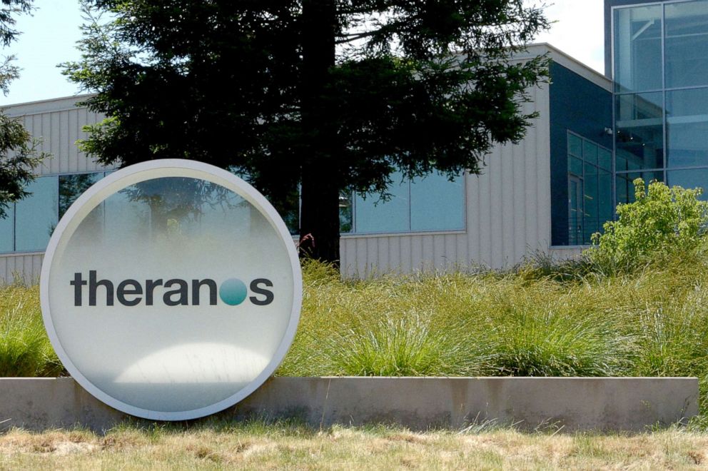 PHOTO: The logo of Theranos, a start-up company specializing in blood tests, is on display in Palo Alto, Calif., May 15, 2017.