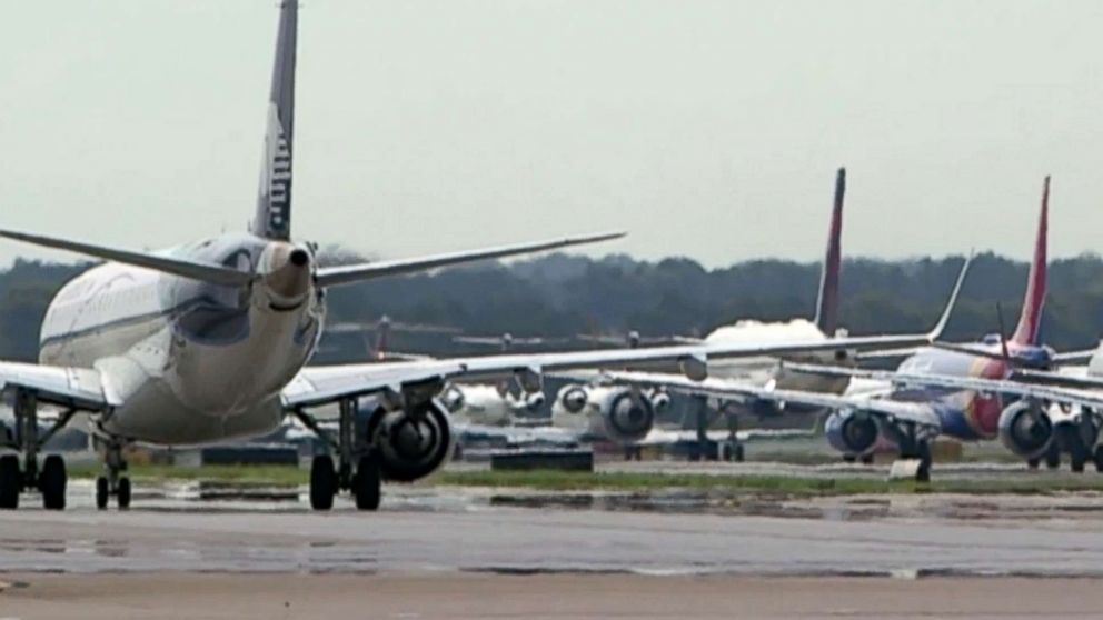Airplanes await departure at Hartsfield–Jackson Atlanta International Airport in Atlanta.