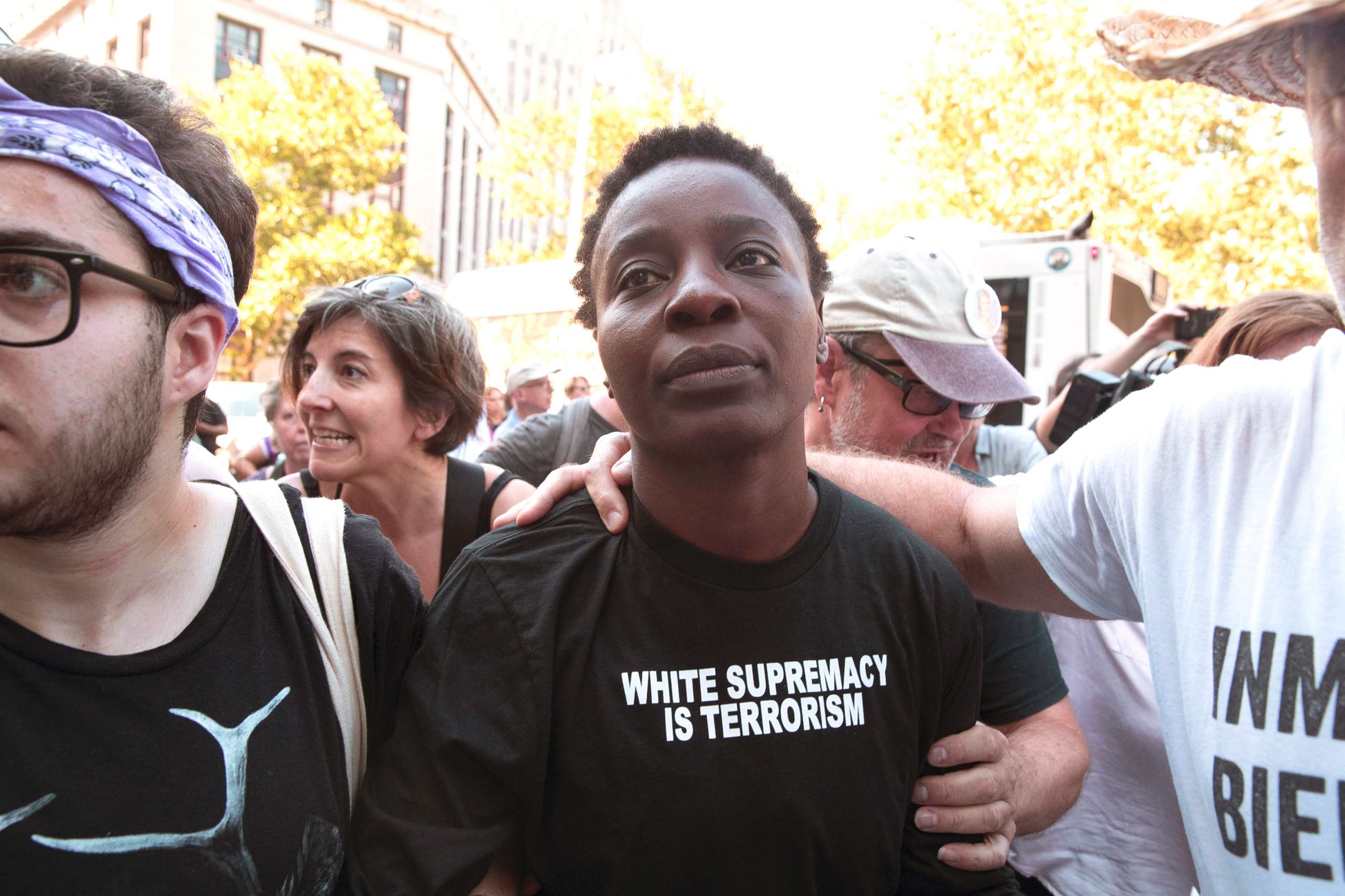PHOTO: Therese Okoumou is surrounded by supporters as she leaves Federal court on July 5, 2018, in New York.