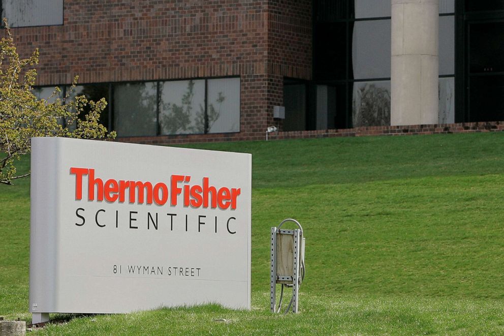 PHOTO: A sign in front pharmeceutical company Thermo Fisher Scientific Inc., in Waltham, Mass., April 26, 2007.