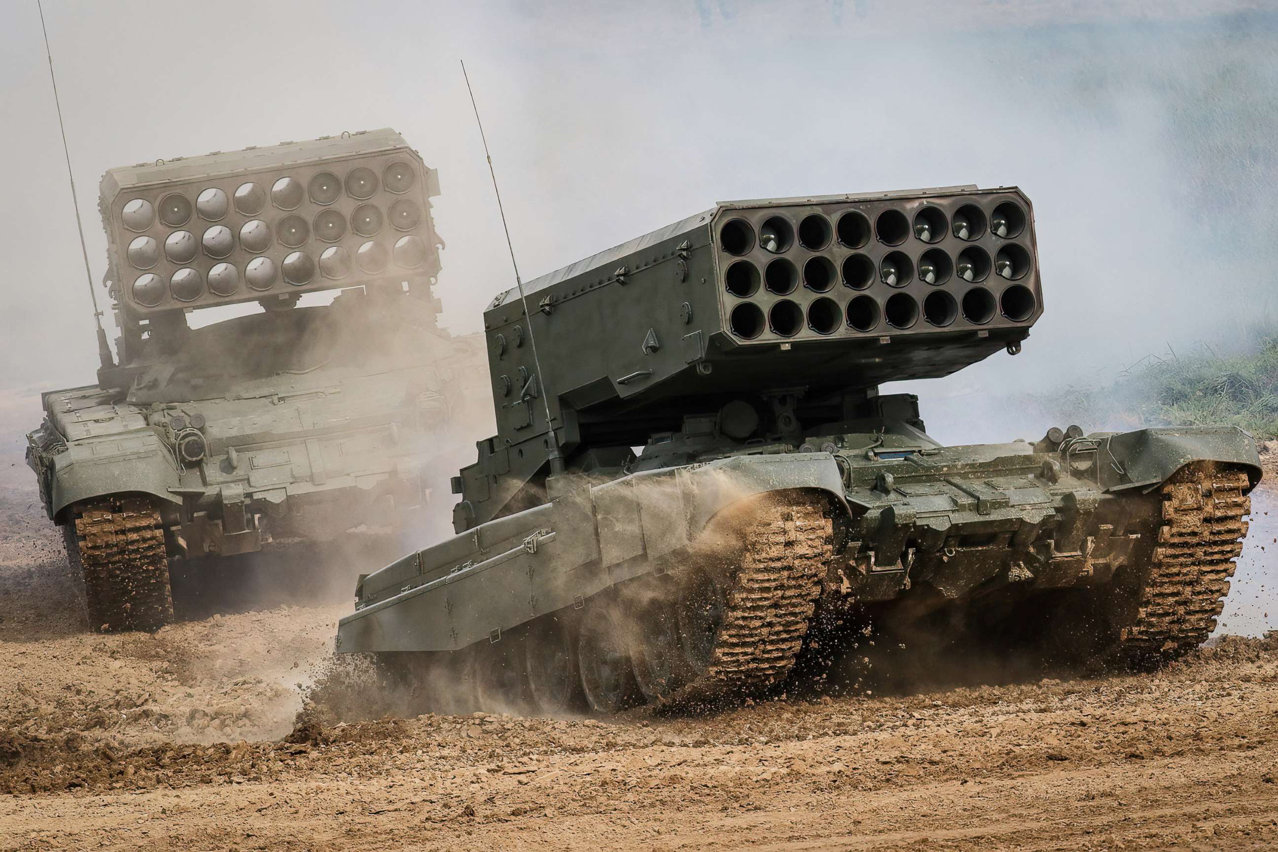 PHOTO: In this file image, Russian Army TOS-1A "Solntsepyok (Blazing Sun)" multiple rocket launcher and thermobaric weapon mounted on a T-72 tank are seen during the annual Army Games defense technology international exhibition in Moscow, Aug. 25, 2021.