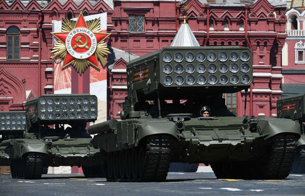 PHOTO: TOS-1A Solntsepyok (Blazing Sun) with multiple thermobaric rocket launchers participate in the Victory Day military parade in Red Square marking the 75th anniversary of the victory in World War II, on June 24, 2020 in Moscow, Russia.